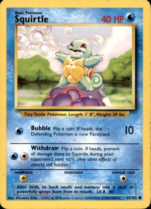 Pokemon Base Set Unlimited Squirtle 63/102 COMMON MP
